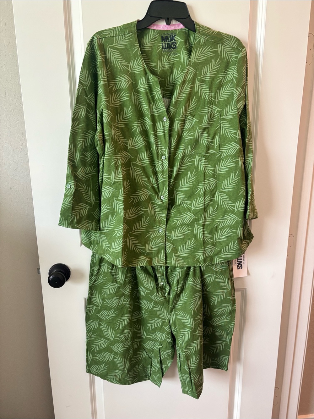Muk Luks Women’s Pajama Set XL Green Tropical Leaf Button Front Lounge Set NWT